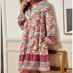 Suzanne Betro Teal/Rust Floral Boho Button Packet Tier Dress 1X